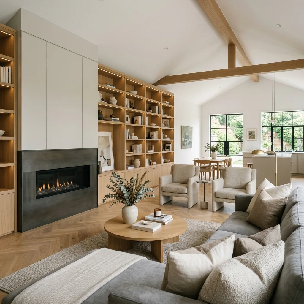 Salón con chimenea de diseño en la Sakana, proyecto realizado por Muebles Pascual en Navarra